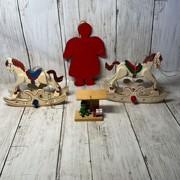 Vintage Wooden Christmas Ornaments 2 Rocking Horses Red Green Dress Lady - Picture 6 of 9